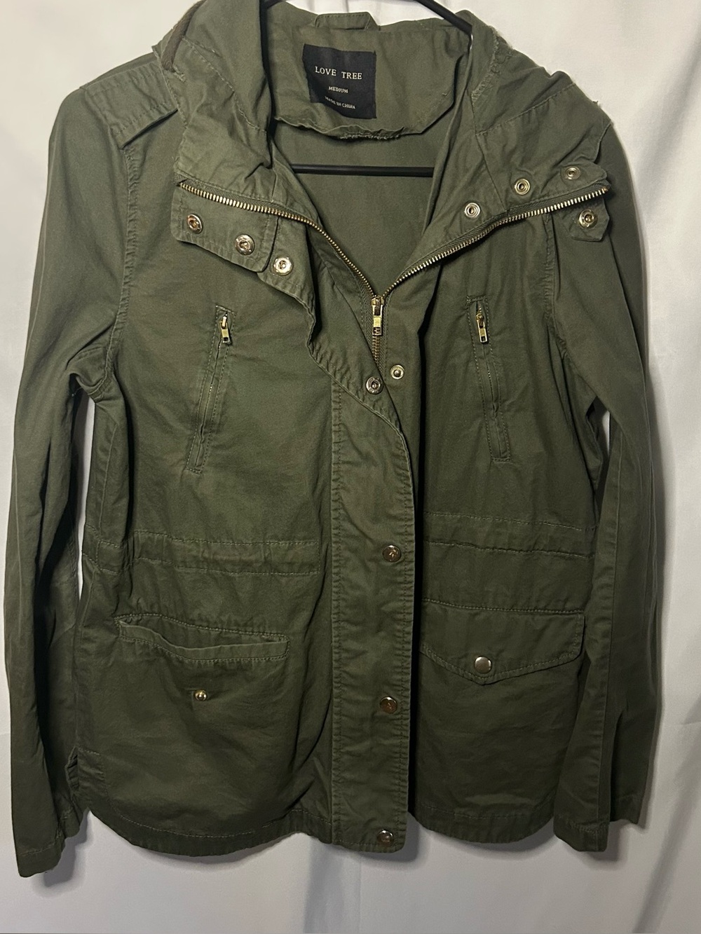 Love Tree Women's Olive Green Hooded Utility Jacket.